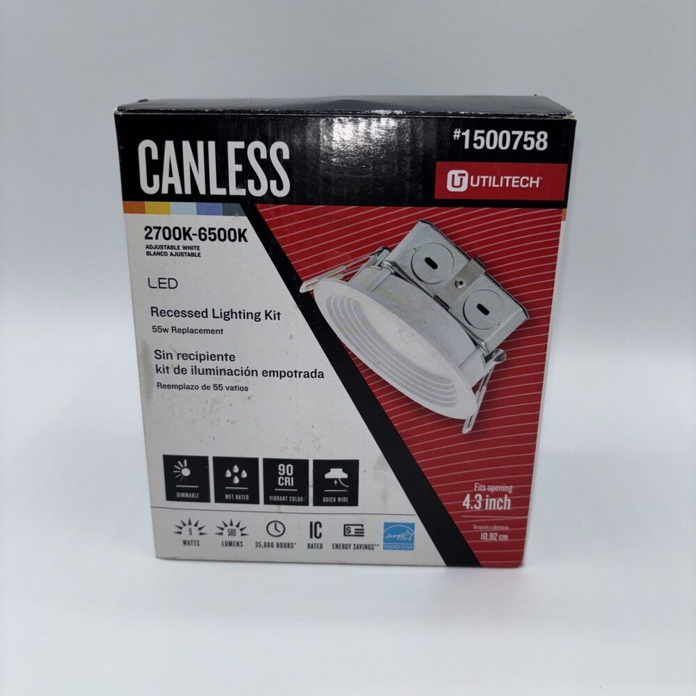 Utilitech Canless Recessed Light Kit #1500758 LED 2700K-6500K-NIB 4.3" Opening